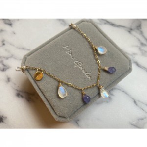 坦桑石月亮石手鏈 - Tanzanite, moonstones and hand-hammered initial charm #10016