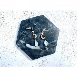 微鑲月亮配月亮石耳環 - Micro inlay Zirco moon charm with moonstone earrings #10006